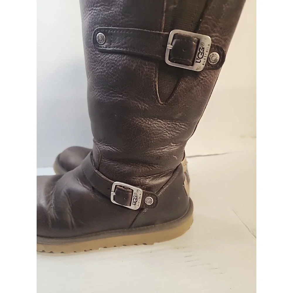 Ugg Kensington Size 4 Brown Distressed Leather‎ 1969 Sheepskin Youth Boot Zipper
